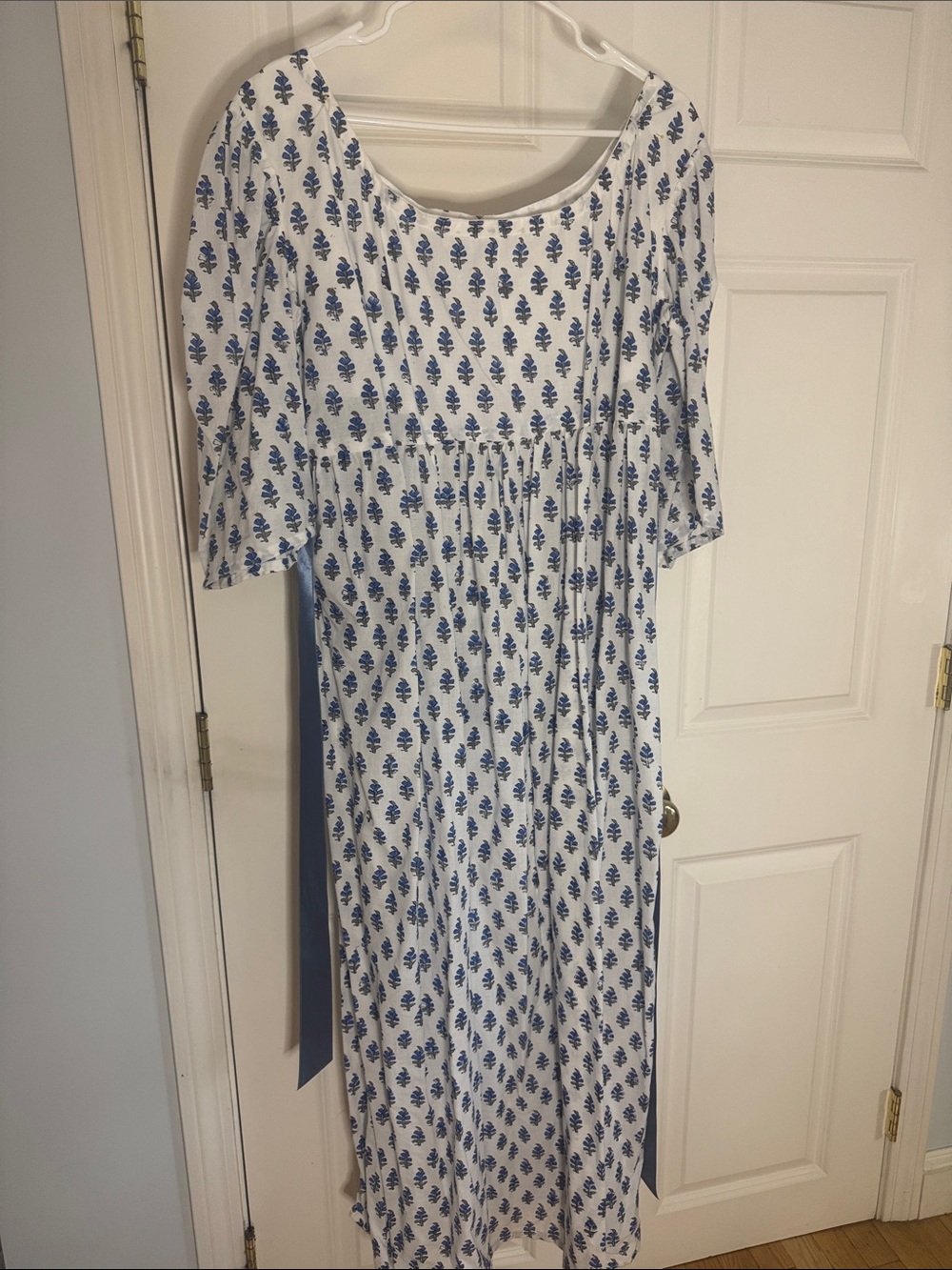 White regency period day Dress with Blue Floral Print - Picture 2 of 5